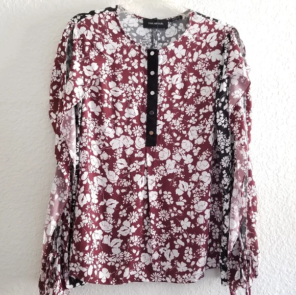 Yigal Azrouel Celosia Floral Round Neck Long Sleeve Black Maroon Blouse … - Picture 2 of 8